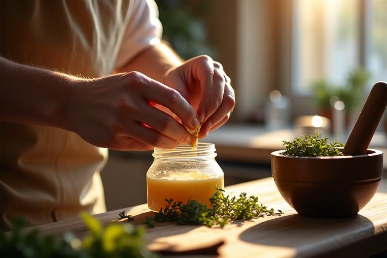 Une main artisanale préparant des cosmétiques naturels dans un atelier éclairé