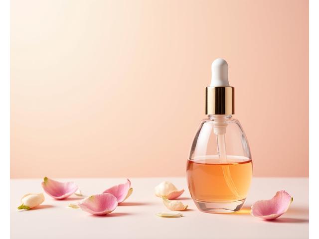 Sérum Éclat à la Rose, une bouteille élégante avec des pétales de rose